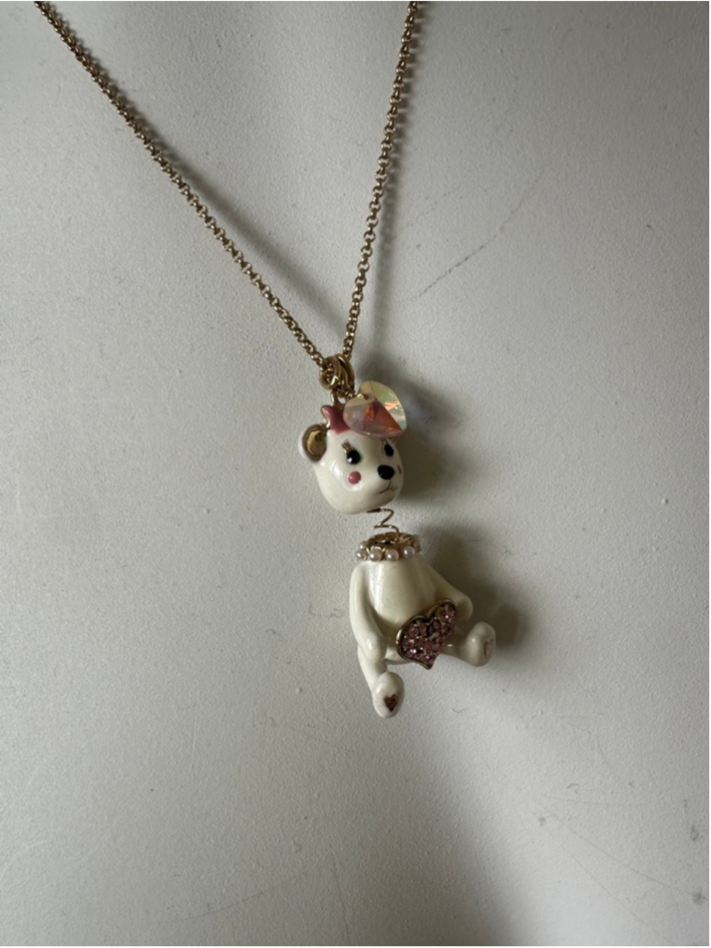 Vintage Betsey Johnson Teddy Bear Necklace Pink Crystal Heart Charm